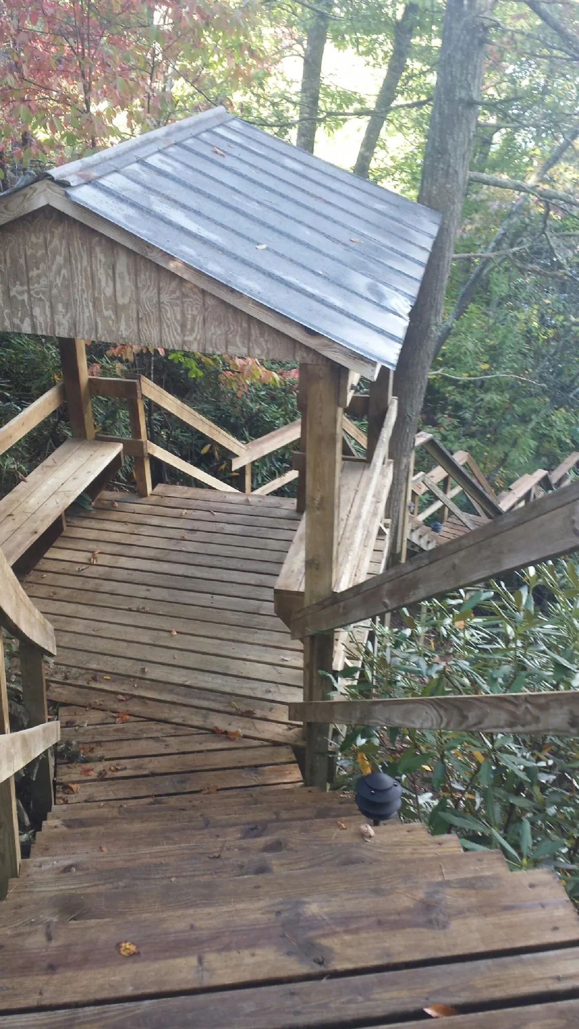 Metal roofed shelter over wooden steps on a wooded walkway — Skylight Repair & Installation work by our crew in Albertville